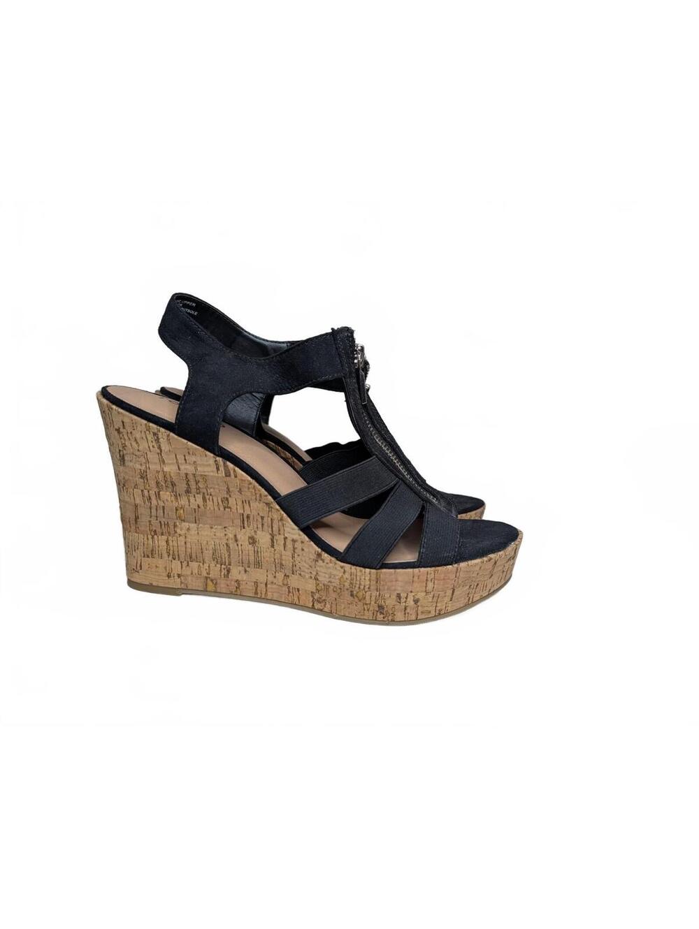 Torrid Stretch Front Zip Wedge Sandals Black Faux Suede Cork Platform Size 10WW